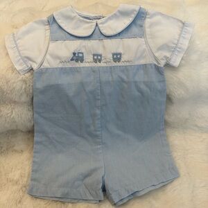 Petit Ami Blue and White Train Smocking Romper
